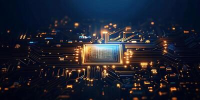 A close-up of a circuit board with a glowing microchip. photo