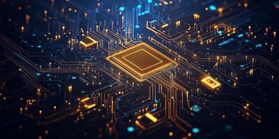 A close-up of a microchip with intricate circuitry and glowing elements. photo