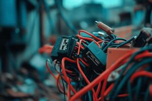 A close-up of tangled electrical wires and connectors in an industrial setting. photo