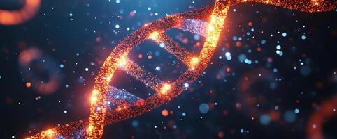 A close-up view of a glowing DNA double helix in a cosmic background. photo
