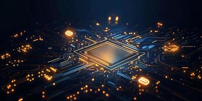 A close-up view of a microchip with glowing circuitry. photo