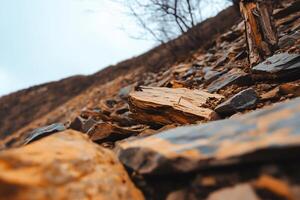 A close-up view of rocky terrain with wooden debris and sparse vegetation. photo