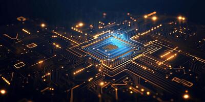 A close-up view of a microchip with glowing circuits and connections. photo