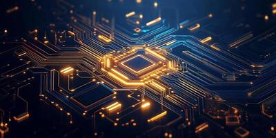 A close-up view of a futuristic circuit board with glowing elements. photo
