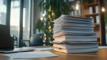 A cluttered desk with a stack of papers and a laptop in an office. photo