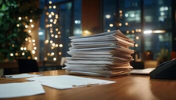 A cluttered office desk with a stack of papers and documents. photo