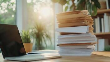 A cluttered workspace with a laptop and stacks of documents. photo