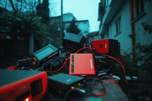 A collection of power banks and charging devices in a dimly lit setting. photo
