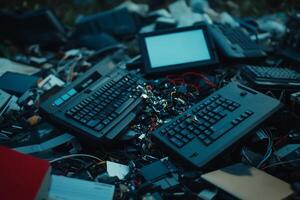 A pile of old computers and keyboards photo