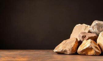 A collection of various rocks arranged on a textured surface. photo