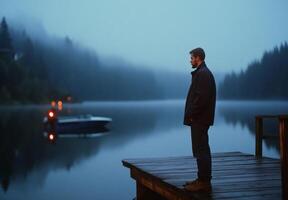 A contemplative figure stands on a dock by a misty lake at dusk. photo