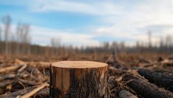 A cut tree stump in a deforested area under a cloudy sky. photo