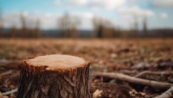 A cut tree stump in a deforested area with a blurred background. photo