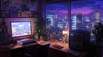 A cozy workspace with a city view at night, featuring a computer and plants. photo