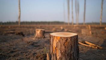 A cut tree stump in a deforested area with barren surroundings. photo