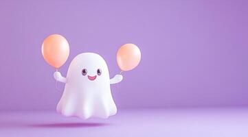 A cute ghost character holding balloons in a playful, colorful setting. photo