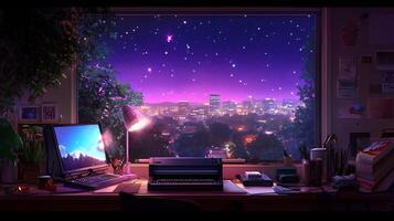 A cozy workspace with a view of a starry night cityscape. photo