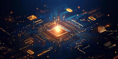 A digital circuit board with glowing elements representing technology. photo