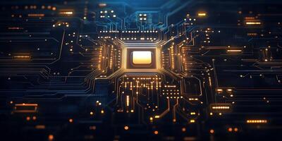 A digital circuit board with glowing elements and a central processor. photo