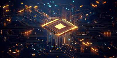 A digital microprocessor surrounded by glowing circuit pathways. photo