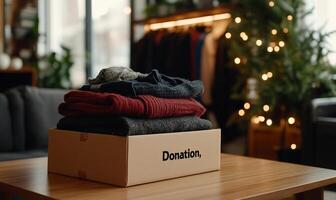 A donation box filled with neatly folded clothes in a cozy setting. photo