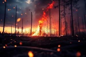 A dramatic forest fire engulfing trees under a darkened sky. photo
