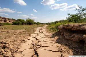 A dry, cracked earth path surrounded by sparse vegetation. photo
