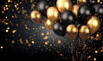 A festive arrangement of black and gold balloons with sparkling background. photo