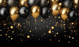 A festive arrangement of black and gold balloons with sparkling confetti. photo