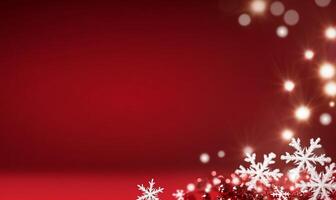 A festive red background adorned with snowflakes and sparkling lights. photo