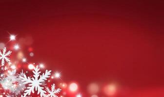 A festive red background adorned with white snowflakes and sparkling lights. photo