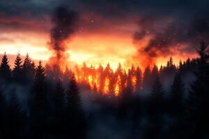 A forest engulfed in flames against a dramatic sunset backdrop. photo