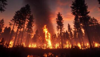 A forest engulfed in flames at sunset, highlighting wildfire devastation. photo