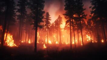 A forest engulfed in flames, showcasing the devastation of wildfires. photo