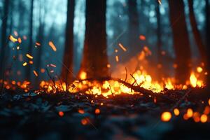 A forest fire scene with glowing embers and flames amidst trees. photo