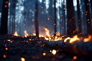 A forest scene with flames and sparks amidst smoky trees. photo