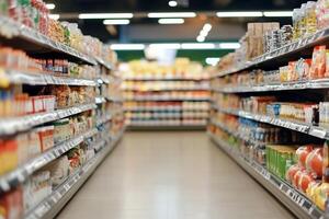 A grocery store aisle filled with various food and drink products. photo