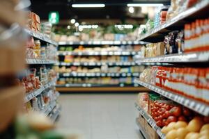 A grocery store aisle filled with various food products and beverages. photo