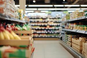 A grocery aisle filled with various food products and produce. photo
