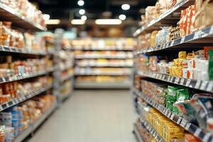 A grocery store aisle filled with various packaged food items. photo