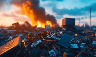 A pile of electronics and other items in front of a fire photo