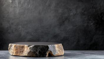A black stone table with a black background photo
