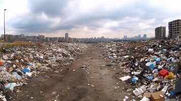 A panoramic view of a large landfill site in an urban area. photo