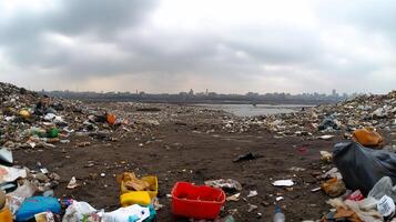 A panoramic view of a polluted landscape filled with garbage. photo