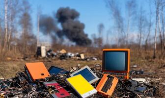 A pile of electronics sitting on top of a pile of trash photo