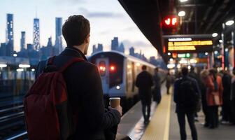 A person waits at a train station, holding a coffee cup, city skyline visible. photo