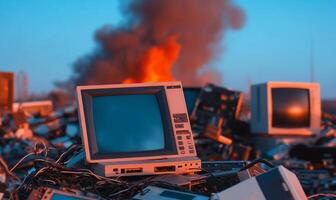 A pile of old computers and monitors in front of a fire photo