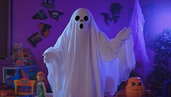 A playful ghost figure in a colorful, Halloween-themed room. photo
