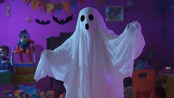 A playful ghost figure in a colorful, festive room. photo