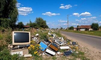 A roadside view of discarded electronics amidst overgrown vegetation. photo
